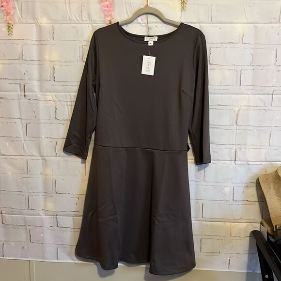 Tamsy Solid Grey Midi Drop Waist Long Sleeve Dress M - Picture 13 of 14